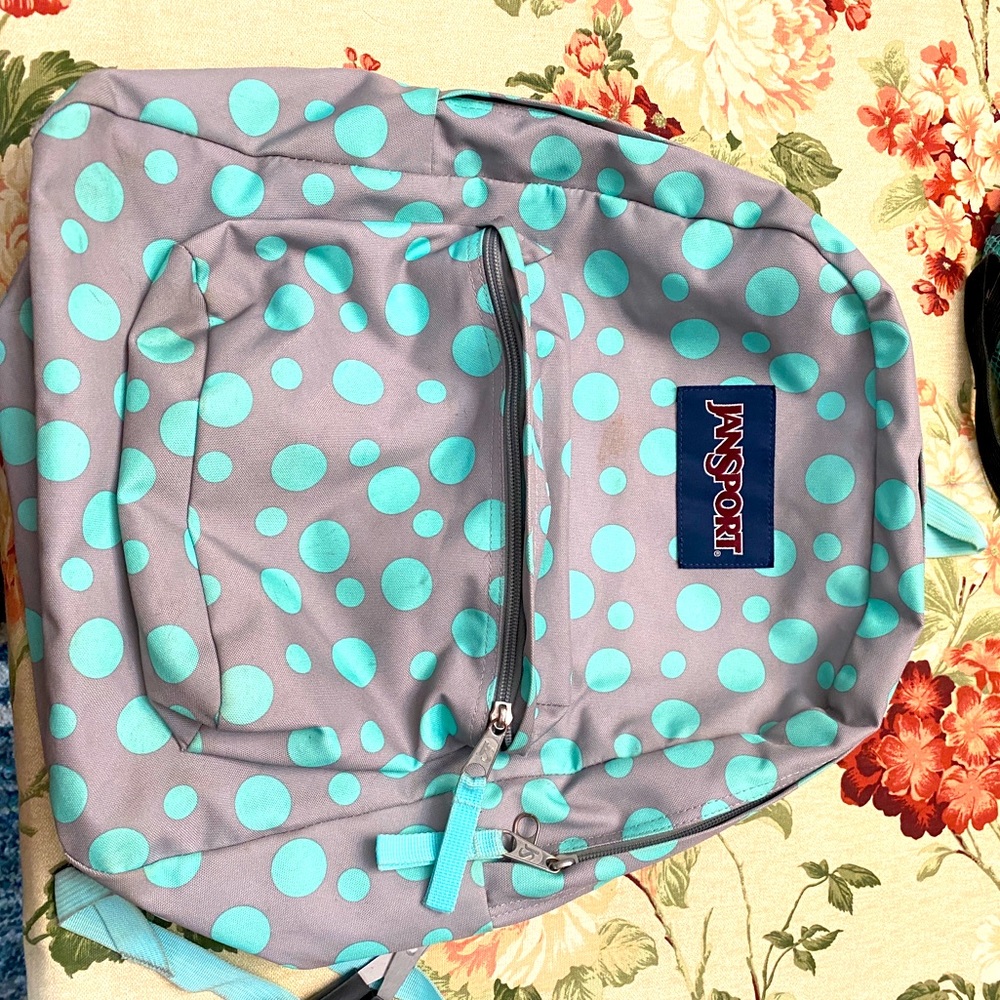 Grey and teal polka dot Jansport backpack